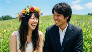 Mirai og Akihito deler et glædeligt øjeblik i en blomstermark med klare farver og solskin.