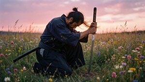 Um ronin ajoelhado em um campo de flores silvestres ao pôr do sol, katana no chão.