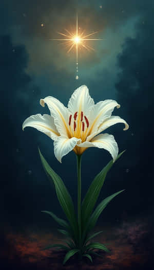 A glowing white lily under a radiant star with a falling droplet in a cosmic night scene. — Fresh Wallpaper