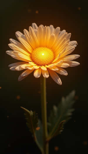 A glowing yellow daisy with soft petals and golden particles floating in darkness. — Beauty Picture