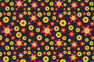 Bright pink and yellow flowers on a dark background in a repeating pattern. — Design Wallpaper