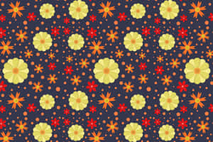 Colorful retro floral pattern with yellow red and orange flowers on dark blue background. — Design Wallpaper