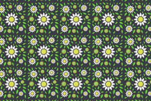 Dark gray wallpaper with repeating white daisies and green leaves. — Design Wallpaper