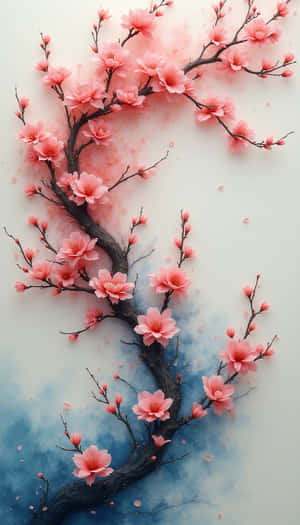 Pink cherry blossoms on a dark branch against a blue and white watercolor background. — Beauty Picture