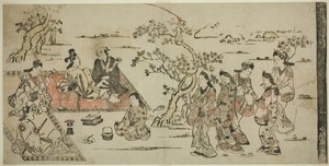 Flower Viewing by Hishikawa Moronobu, created 1711 (reprint of 17th century work), in Hand-colored woodblock print; o-oban, tan-e. Download this artwork as a hi — Art Picture