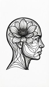 Minimalistische Linienkunst eines Kopfes mit einer blühenden Blume darin.