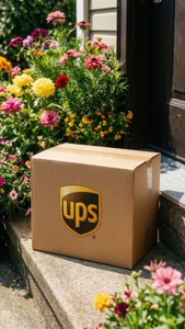UPS-paketti oven edessä kukkien kanssa.