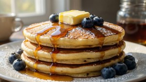 Pannukakkuja voilla, siirapilla ja mustikoilla aamuauringossa.