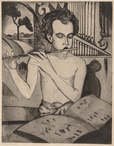 Flute Player by Lodewijk Schelfhout, created 1918, in drypoint. Download this artwork as a high-resolution wallpaper for desktop, tablet, or mobile. — Lodewijk Schelfhout Wallpaper