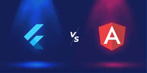 Logo React dan Angular diterangi oleh sorotan di arena gelap dengan simbol vs di antara mereka. — HD Wallpaper