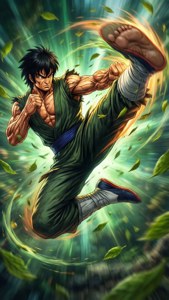 Rock Lee udfører et kraftfuldt flyvende spark med hvirvlende blade.