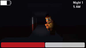 Pixelated animatronic bear in a dark hallway at night with game UI. — Freddy Background