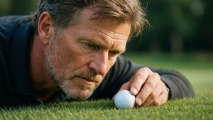 Nærbillede af Kevin Sutherland, der intenst undersøger sin golfbold før et slag.