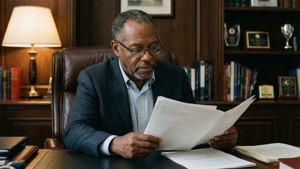 Michael Steele leser et dokument ved skrivebordet sitt, fokusert og studert på kontoret sitt.