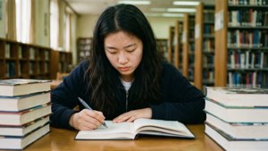 A student deeply focused on studying in a library, surrounded by books under warm lamplight.