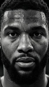 Gros plan intense en noir et blanc de Paul George.