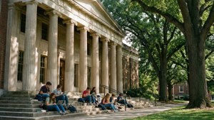 Mahasiswa di tangga Auditorium Foellinger di UIUC dengan kolom Yunani