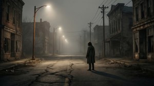 Pemandangan menghantui seorang sosok sendirian di jalan Silent Hill yang berkabut