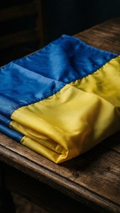 Bendera Ukraina yang dilipat rapi di atas kayu, bayangan dalam, intim.