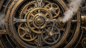 Nærbillede af indviklede urværksgear i Fontaines steampunk-arkitektur