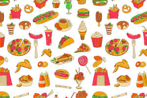 Icone di fast food a cartoni animati ripetute, tra cui hamburger, hot dog e patatine fritte. — Mcdonald's Food Immagine