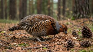 Seekor belibis yang mencari makan di lantai hutan di antara jarum pinus dan kerucut pinus.