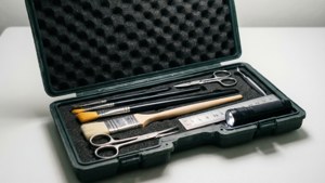 Een open forensische gereedschapskist met borstels en instrumenten gerangschikt voor bewijsverzameling behang.
