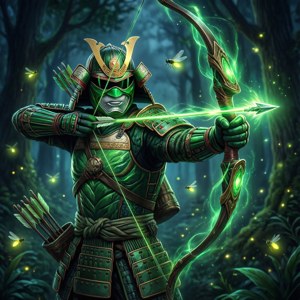 Power Ranger samurai arciere verde con freccia energetica nella foresta di notte