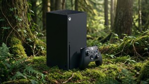 Xbox Series X i en skog med mossa — Fortnite Xbox Bakgrundsbilder