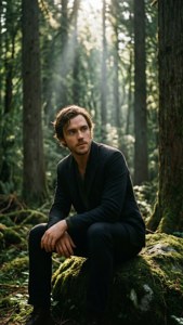 Man in dark suit sitting on mossy log in sunlit forest — Nicholas hoult Wallpaper