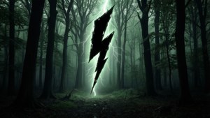 Et svart lyn over en mørk skog, som skaper en uhyggelig og mystisk atmosfære.