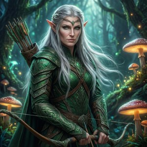 Fantasi-alf-version af Hilde Schbeiker i en fortryllet skov