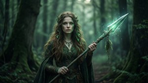 Mystieke Hilde Schbeiker in een bos met gloeiende speer