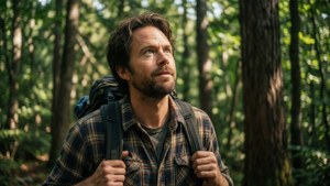 Charlie Day på en vandretur, omgivet af træer og sollys.