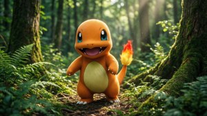 Charmander utforsker en solbelyst skog.