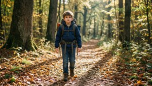 Ein Sohn wandert auf einem Abenteuer durch einen Herbstwald.
