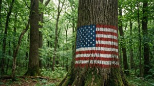 Ruhiger Wald mit auf Baum gemalter Flagge.