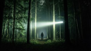 Wallpaper menegangkan dari hutan di malam hari dengan sorotan senter dan sosok bayangan, sempurna untuk penggemar Remedy.