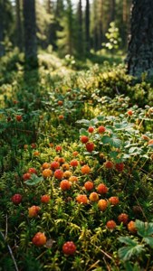 Cloudberries tersebar di tanah berlumut di hutan.