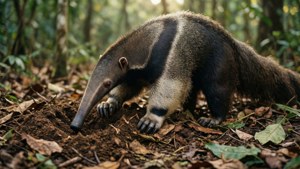 Tamandua creusant dans la litière de feuilles sur le sol de la forêt. — Sadaharu Fonds d'écran