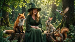 Glinda dikelilingi oleh hewan hutan yang ramah di atas tunggul