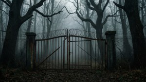 Ein bedrohlicher Eingang zu einem dunklen Wald im Silent-Hill-Stil