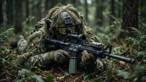 Seorang operator rahasia dengan pakaian ghillie lengkap menyatu dengan lantai hutan selama misi pengintaian