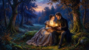 Escena romántica de bosque al atardecer con George Sand y acompañante leyendo a la luz de una linterna