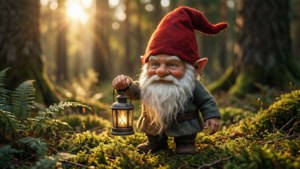 Ein fröhlicher Gnom mit rotem Hut steht in einem leuchtenden Wald mit einer Laterne.