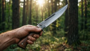 Hand holding a hunting knife in a sunlit forest, outdoor adventure vibe