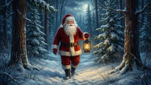 Papai Noel caminhando em uma floresta nevada com uma lanterna, atmosférico.