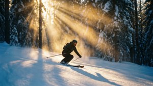 Magisk skiløjpe gennem en solbeskinnet sneskov i den gyldne time.