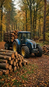 Een houtkapscène met een tractor en een houtaanhanger in een open plek in het bos met herfstkleuren.