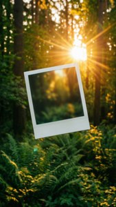 Cornice per foto istantanea bianca fluttuante in una foresta illuminata dal sole con felci e tronchi d'albero.